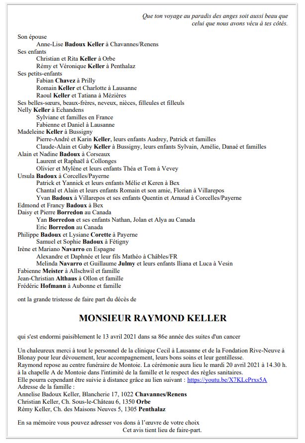 Raymond KELLER Pompes Funèbres Générales SA Payerne